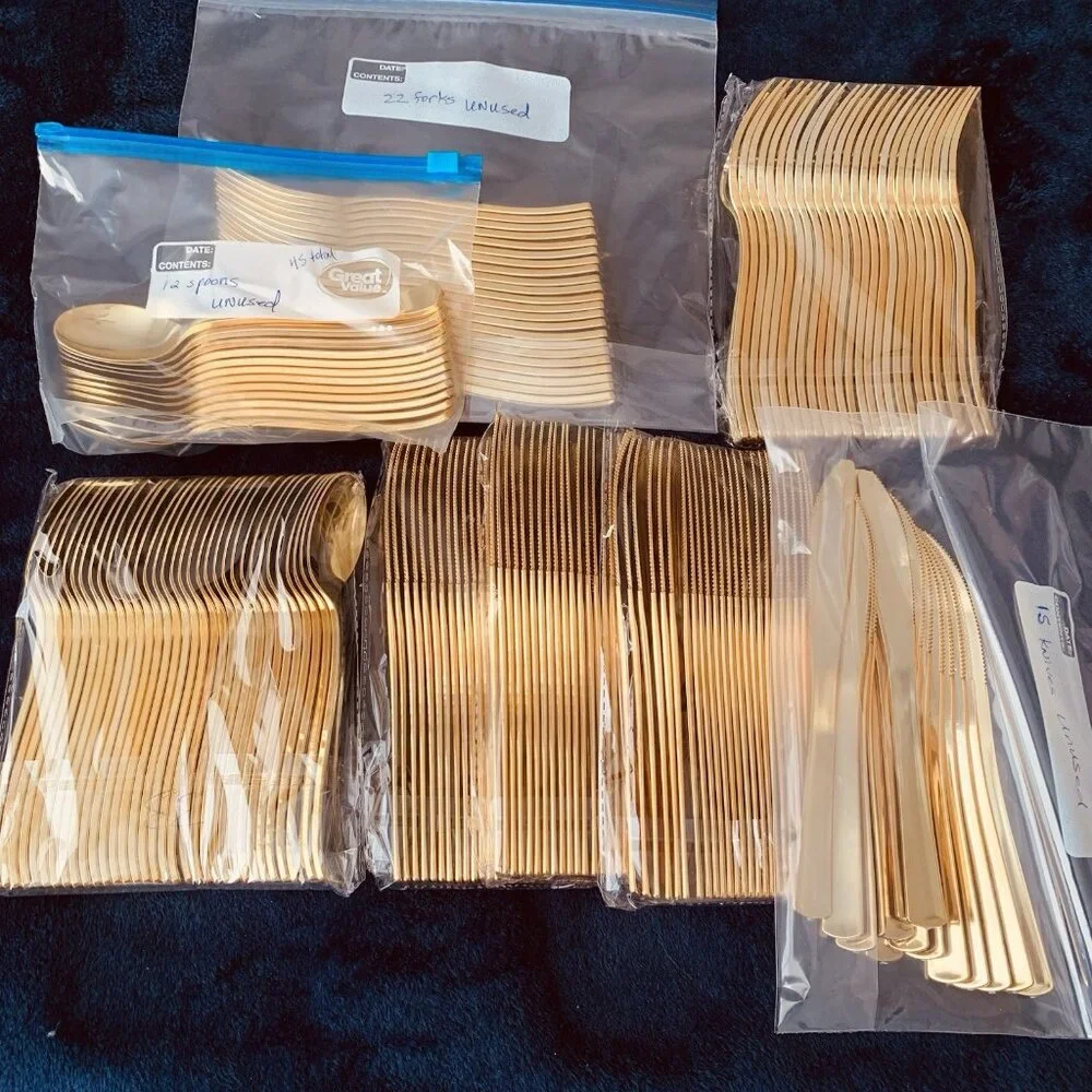 Golden‎ Plastic Knives, Forks, Spoons Heavyweight Weddings Parties Unused